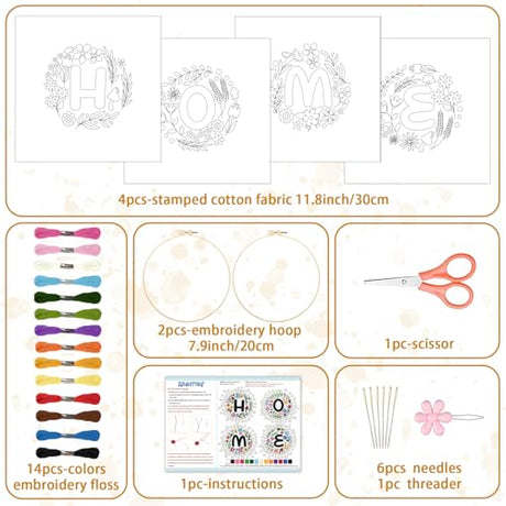 BEUNITONE 4 Set Embroidery Kit for Beginners, DIY Home Theme Pre-Stamped Pattern Needlepoint Kits for Adults with Hoop and Instruction, Funny Hand Embroidery Patterns for Cloth and Home Decor BEUNITONE