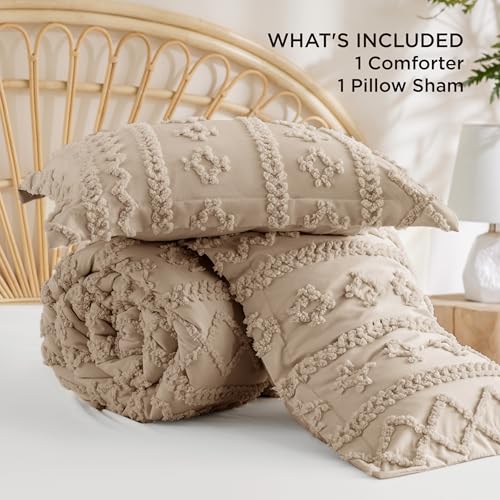 Bedsure Tufted Boho Comforter Set Twin Size - Khaki Boho Bed Set, GentleSoft™ 2 Pieces Farmhouse Shabby Chic Embroidery Bedding, Gifts for Woman, Soft Jacquard Twin Comforter for All Seasons Bedsure