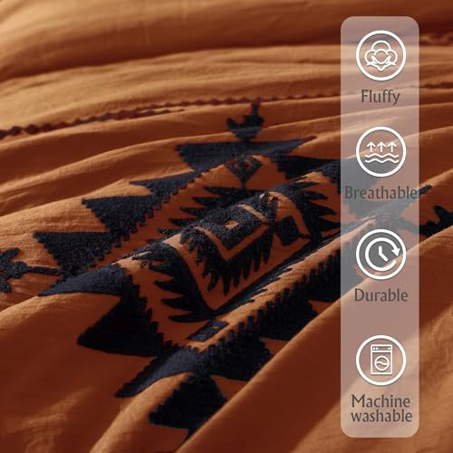 MaiRêve Embroidery Comforter Set, Boho Farmhouse Western Bedding Set, All Season Bed in A Bag Comforter Set with Sheets, Pillowcases & Shams, Burnt Orange King 7 Pieces MaiRêve