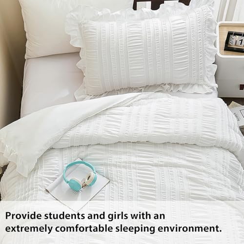WONGS BEDDING White Comforter Set Twin, 3 Pieces Ruffle Shabby Chic Comforter for Dorm Room Essentials for Twin Bed, Soft Seersucker Bedding Set with 1 Ruffle Comforter, 2 Tufted Pillowcases 86"×68" WONGS BEDDING