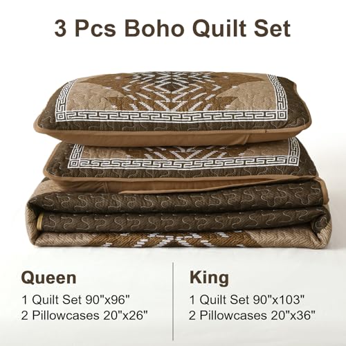 Dintszyayue Brown Quilt Set Queen Size,3 Piece Boho Aztec Texture Bedspread Coverlet Set Reversible Lightweight Bedding Set Geometric Bohemian Bed Cover with 2 Pillowcases(Dark Brown,90"x96") Dintszyayue