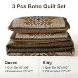 Dintszyayue Brown Quilt Set Queen Size,3 Piece Boho Aztec Texture Bedspread Coverlet Set Reversible Lightweight Bedding Set Geometric Bohemian Bed Cover with 2 Pillowcases(Dark Brown,90"x96") Dintszyayue