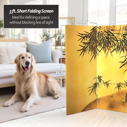 Red Lantern 3 ft. Short Double Sided Bamboo Tree Canvas Room Divider 4 Panel Freestanding Folding Privacy Screen Partition and Separator for Modern and Contemporary Bedroom Home Office Studio Dorm Red Lantern
