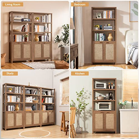 SICOTAS 5-Tier Rattan Boho Bookshelf with Doors - Tall Oak Bookcase for Stylish Storage SICOTAS