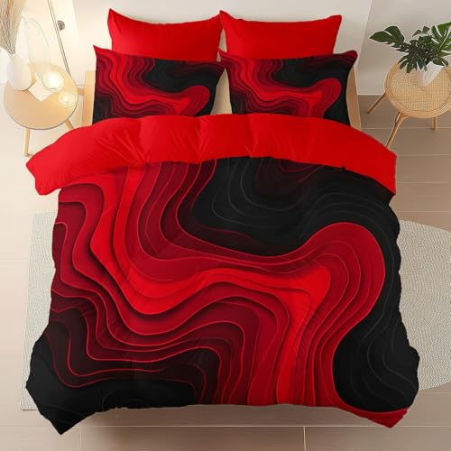 Aesthetic Bedding Red Duvet Cover Single Size, Reversible Modern Curves Minimalist Bedding Set 3 Pcs – Soft Microfiber Comforter Cover with 2 Pillow Shams Generic