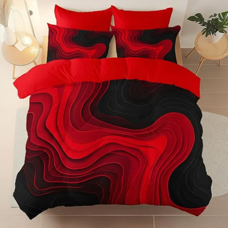 Aesthetic Bedding Red Duvet Cover Single Size, Reversible Modern Curves Minimalist Bedding Set 3 Pcs – Soft Microfiber Comforter Cover with 2 Pillow Shams Generic