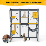 COZIWOW 72Inches Large Wood Catio Outdoor Cat Enclosure with Waterproof Roof, Multi-Level Cat House for 2-3 Cats, Spacious Perches, Hammock, and Scratching Post（Grey Fashion Pattern） COZIWOW