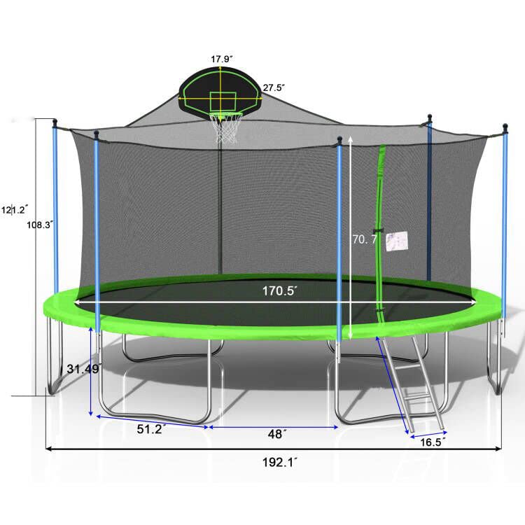 1500 LBS 16FT Outdoor Trampoline for Kids and Adults with Safety Enclosure Net, Basketball Hoop and Ladder (Green) Awlstar
