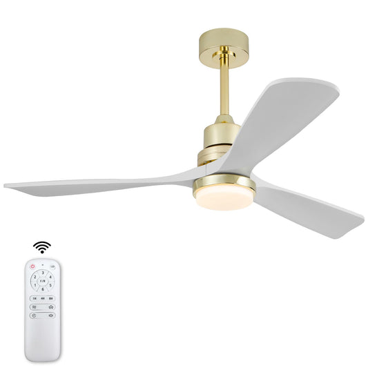 BOJUE 52 inch Gold Ceiling Fans with Lights and White Solid Wood Fan Blades - Modern Ceiling Fan with Remote for Indoor/Outdoor Farmhouse, Low Profile Bedroom, Patio - Gold Finish and White Blades