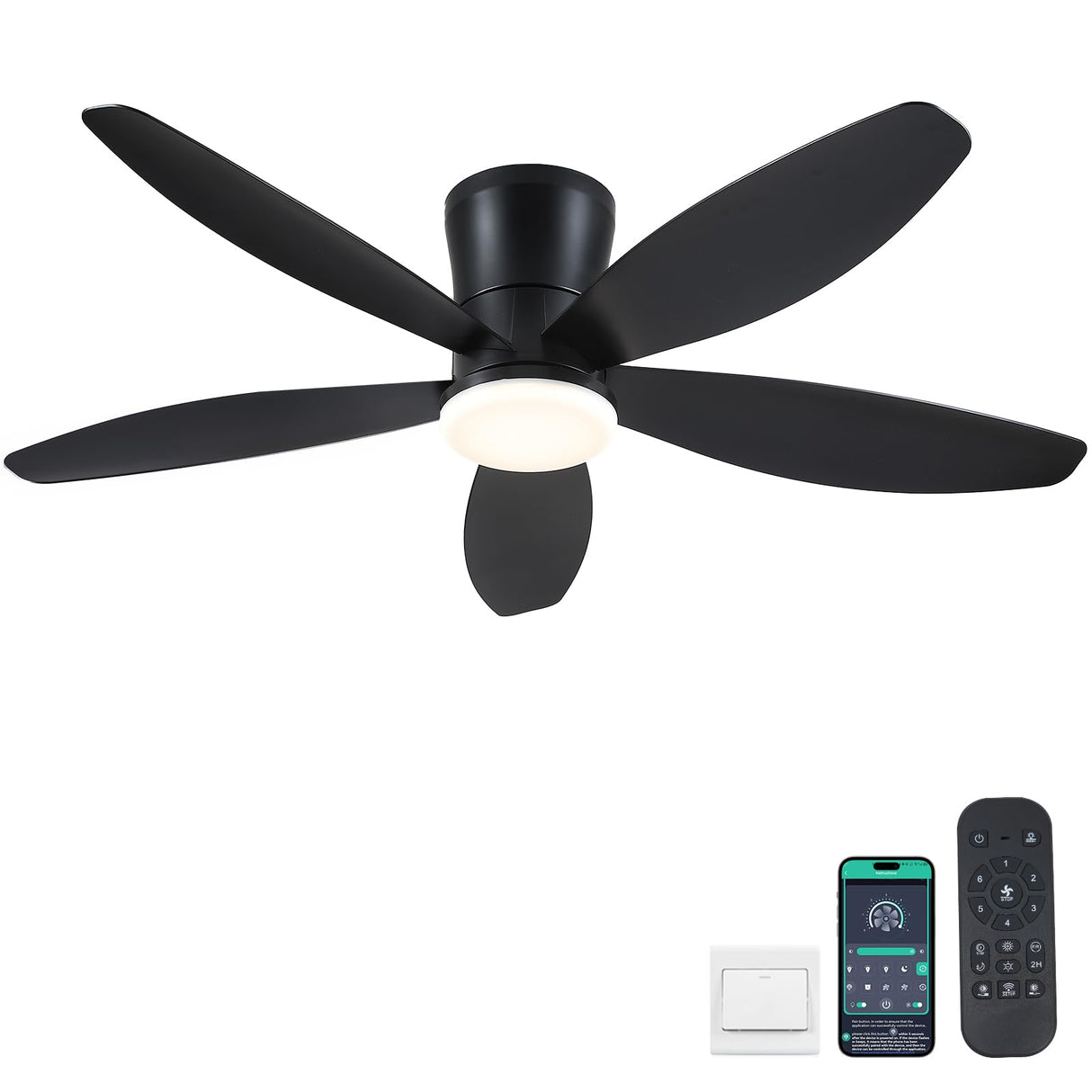 Surtime 48" Ceiling Fans with Lights-Low Profile Ceiling Fan with Light and Remote/APP Control,Flush Mount,DC Reversible,LED Dimmable Blakc Ceiling Fans for Bedroom,Indoor/Outdoor Patio Use Surtime