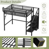 Duxelifin Twin Size Loft Bed with Staircase, Metal Loft Beds with Storage Shelves & Wardrobe, High Lofted Bed Frame, Loft Twin Bed for Boys Girls and Teens, No Box Spring Needed (Black) Duxelifin