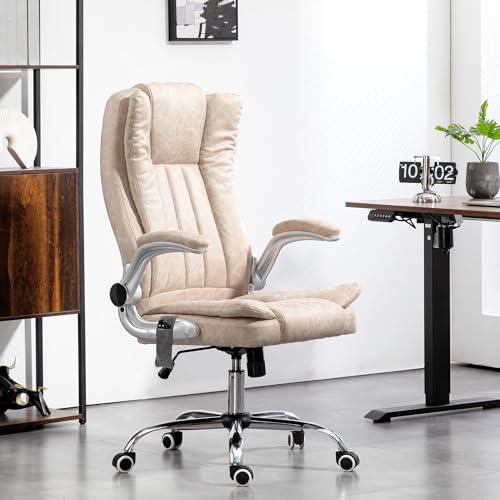 HOMCOM Executive Office Chair with Padded Flip-up Arms, Microfiber High Back Desk Chair, Swivel Computer Chair with Adjustable Height and Tilt Function, Cream White HOMCOM
