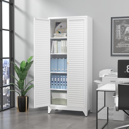 SteeLoong Kitchen Pantry Cabinet,75" Metal Storage Cabinet with Doors and 4 Adjustable Shelves,White Tall Locker Organizer Steel Garage Cabinets for Tool,File Cabinet for Office,Kitchen,Garage,School SteeLoong