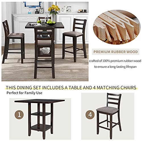 LUMISOL 5-Piece Counter Height Dining Table Set for 4, Square Dining Table Set for Dining Room Kitchen, Farmhouse Kitchen Table with 2-Tier Storage Shelves and 4 Padded Chairs, Espresso LUMISOL