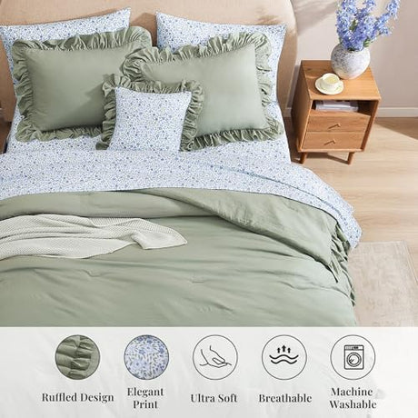 BLOOMHAVEN Full Comforter Set - 7 Pieces Ruffle Sage Green Bedding Sets, Shabby Chic Farmhouse Bed in a Bag Full with Ruffle Comforter, Floral Sheets, Pillowcases & Shams BLOOMHAVEN