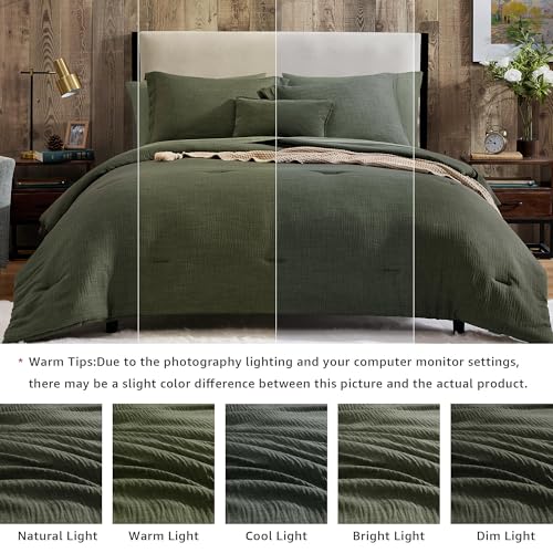 Geniospin Dark Olive Green Queen Comforter Set - 7 Pieces Comforter Queen Size, Solid Bedding Set for All Season, Textured Bed in a Bag with Sheets Geniospin