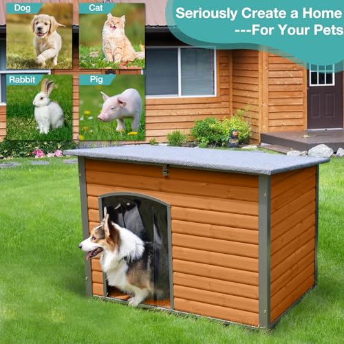 Indoor Outdoor Dog House,Anti-Chewing Iron Frame Dog Kennel,Wood Warm Pets Home,Insulated Weatherproof Outside Shelter (43.3" (L) x 29.4" (W) x 33.4" (H) Brown) Suumerpety