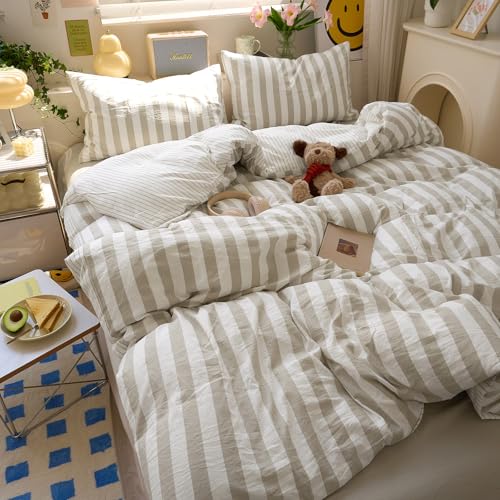 MOTNTD Brown Striped Twin Duvet Cover Set Boho Pattern Twin Comforter Cover Lightweight Stripe Dorm Room Farmhouse Duvet Cover with 2 Pillowcases Teen Boy Bedding Set Washed Microfiber Duvet Protector MOTNTD