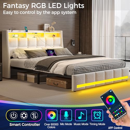 Rolanstar Full Size Bed Frame with LED Lights and Charging Station, Upholstered Headboard with 2-Tier Storage Shelves, Heavy Duty Metal Frame, Noise-Free Support, Easy Assembly, No Box Spring Needed Rolanstar