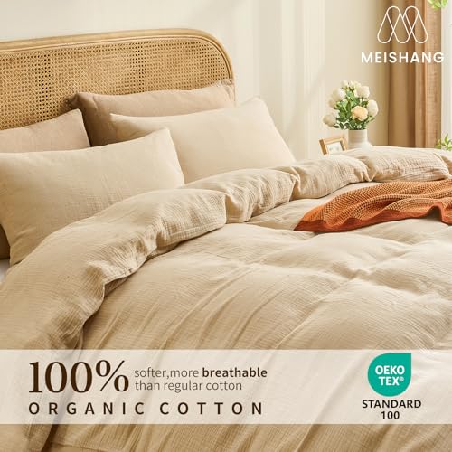 MEISHANG Muslin Duvet Cover King Size - 100% Organic Cotton, Soft Textured Gauze Weave Duvet Cover for Breathable All-Season Oeko-Tex Certified - 3 Piece Set (King, Linen) MEISHANG