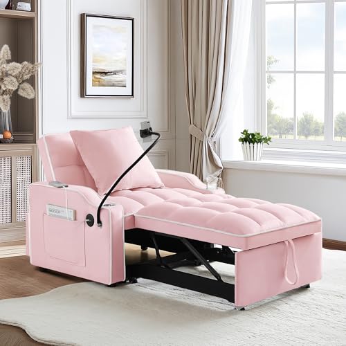 SLEERWAY 3-in-1 Convertible Futon Sofa Bed Chair, Multi-Functional Sleeper Chair Bed with Pull Out Couch and Adjustable Backrest, Modern Velvet Chaise Lounge Armchair for Living Room Bedroom, Pink SLEERWAY