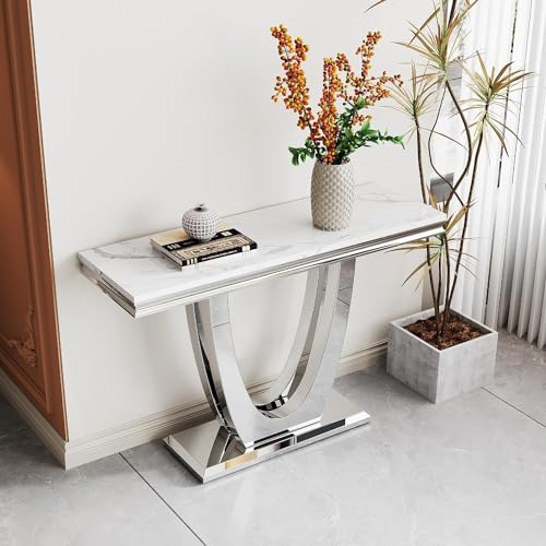 White Marble Console Table with Mirrored Stainless Steel U-Shaped Base, Faux Marble Top, Modern Design for Entryway, Hallway, Living Room, Silver Kootlena