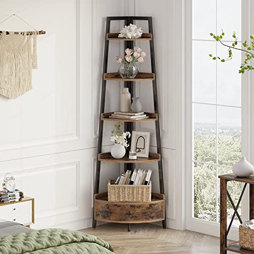 Seventable Rustic Brown 5-Tier Corner Shelf with Drawer – Versatile Storage Solution for Home and Office - WoodArtSupply