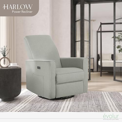 Evolur Harlow Upholstered Power Glider Recliner with USB Charging – Rocking & 360° Swivel with Smooth Glide – Greenguard Gold & FSC Certified – Modern Nursery and Living Room Chair in Light Grey Evolur