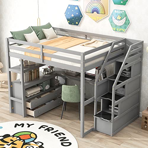 Acosure Full Size Loft Bed with Desk and Shelves,Multifunctionl Bedroom Bed Frame w/ 2 Built-in Drawers & Storage Staircase,Solid Wood Slats Support,for Kid Adult Boy Girl Teen,Grey