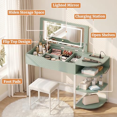 Cyclysio Vanity Desk with Flip Top Mirror and Lights, Makeup Vanity Desk with Drawers, Dressing Table with Storage Shelves & Charging Station, Small Vanity for Small Spaces, Green Cyclysio