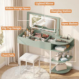 Cyclysio Vanity Desk with Flip Top Mirror and Lights, Makeup Vanity Desk with Drawers, Dressing Table with Storage Shelves & Charging Station, Small Vanity for Small Spaces, Green Cyclysio