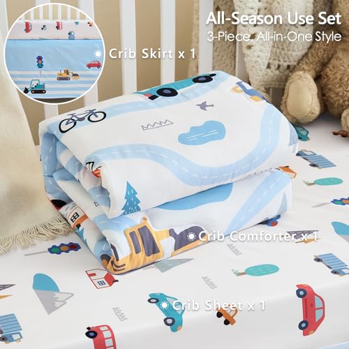 NacoMoco 3-Piece Crib Bedding Set for Boys Girls - Ultra Soft & Skin Friendly Baby Bedding Set Includes Crib Comforter, Sheet & Crib Skirt(Vehicle) NacoMoco