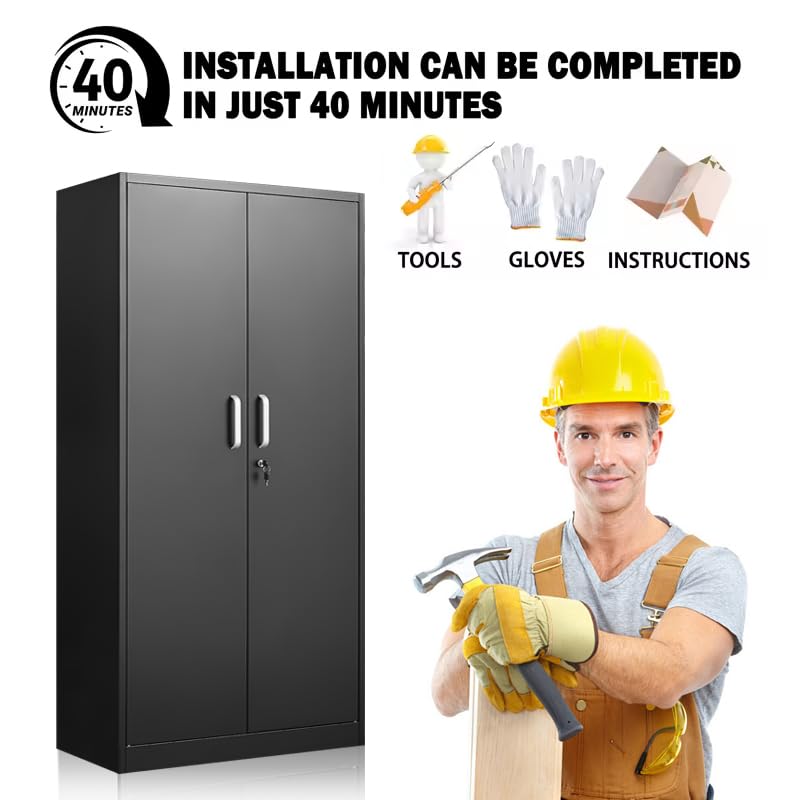 Approgreent Metal Storage Cabinet with Adjustable Shelves, Garage Cabinet with 2 Lockable Doors, Garage Storage Cabinet, Kitchen Pantry Cabinet - 71'H, Black Approgreent