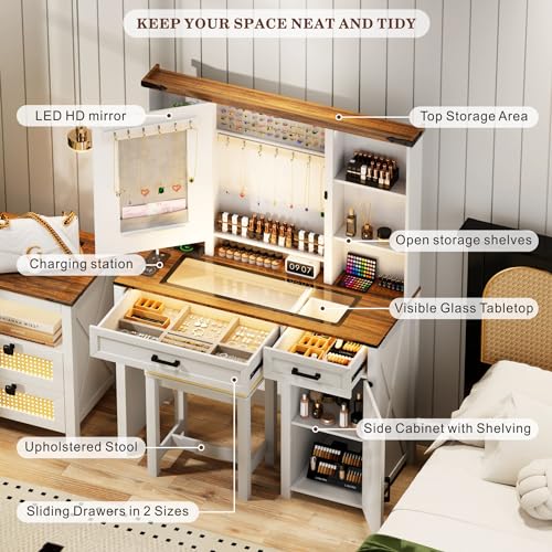GlasFlength Farmhouse Makeup Desk with Mirror & Light 40'' Glass Tabletop Table with 2 Drawers & Hidden Jewelry Cabinet Rustic Big Vanity Charging Station Set Stool Included Bedroom, Vintage White GlasFlength