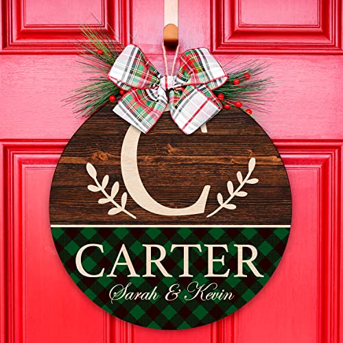 Custom Christmas Round Wood Signs w/Name & Text - 12x12 - Personalized Christma Circle Wooden Door Sign Décor for Home Farmhouse Gifts - Customized Hanging Wall/Door Noel/Xmas Wood Board Xmas - WoodArtSupply