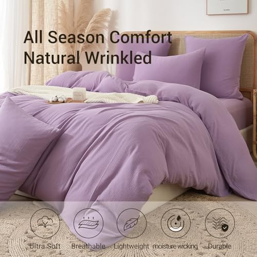 YASMENG 100% Cotton Muslin Duvet Cover Set Twin Size Purple, Ultra Soft Breathable Absorbent Gauze Bedding Duvet Cover, Luxurious Minimalist Natural Wrinkle Linen Textured Comforter Cover 68" x 90" YASMENG