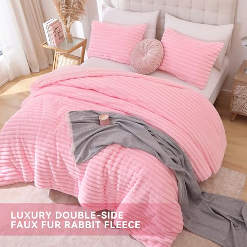 Smoofy Fluffy Queen Comforter Set 3 Pieces - Pink Fleece Fluffy Comforter Set, Luxury Fuzzy Queen Bedding Set, Soft Warm Bed Set All Season, Heavy Faux Fur Comforter with 2 Pillow Cases Smoofy