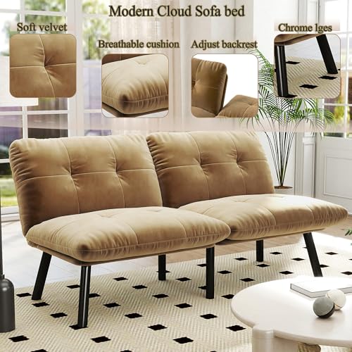 63" Convertible Futon Sofa Bed,Comfy Velvet Cloud Couch Bed with 4 Reclining Backrest,Modern Small Sleeper Loveseat for Living Room Home Office (Brown) Majnesvon