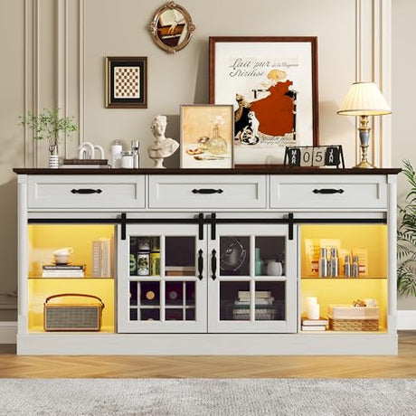 St.Mandyu 66" Sideboard Buffet Cabinet with Drawers, Farmhouse Buffet Table with Storage, Modern Coffee Bar Wine Bar Cabinet with Barn Doors for Kitchen, Dining Room, Living Room, White St.Mandyu