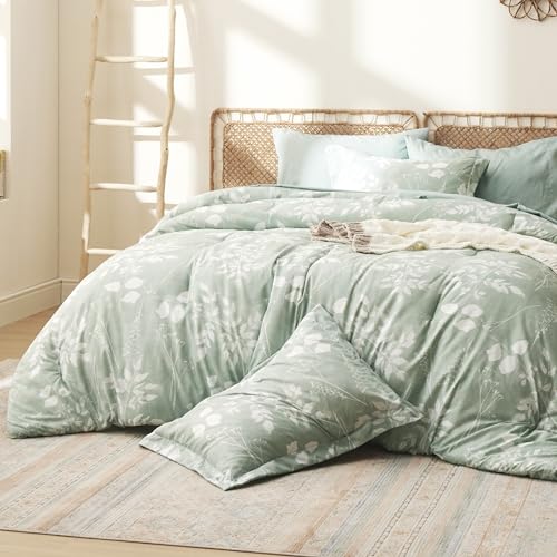 Bedsure Queen Comforter Set - 7 Pieces Floral Sage Green GentleSoft™ Bedding Sets, Queen Bed in a Bag with Botanical Flowers Winter Comforter, Sheets, Pillowcases & Shams Bedsure