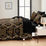 WONGS BEDDING Black Comforter Set King Size, Gold Damask Texture 7 Pieces Bed in a Bag Microfiber Comforter Bedding Sets -1 Comforter, 1 Flat Sheet, 1 Fitted Sheet, 2 Pillow Shams, 2 Pillowcases WONGS BEDDING