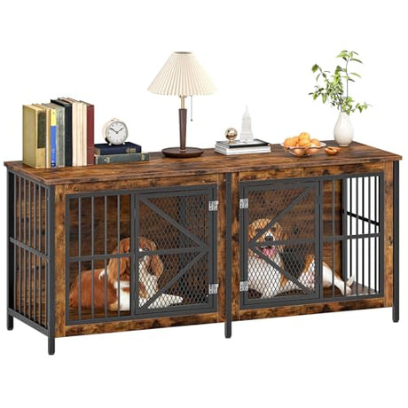 CHOEZON 71" Double Dog Crate Furniture for 2 Dogs, Wooden Dog Crate End Table, Dog Cage for Medium/Large Dogs, Heavy-Duty Dog Kennel Furniture with Framed Metal Doors, Rustic Brown and Black TGW02BF CHOEZON