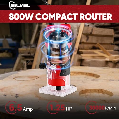 SILVEL Wood Router, 800W Wood Routers for Woodworking, 6.5Amp 1.25HP Hand Wood Router Tool, 30000R/MIN Compact Edge Trimmer with 15 1/4" Router Bit Set, Red SILVEL