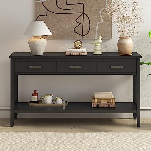 Merax Entryway Console Table with Storage, 3 Drawers Design/Wood Frame/Behind Couch & Sofa, Black Merax