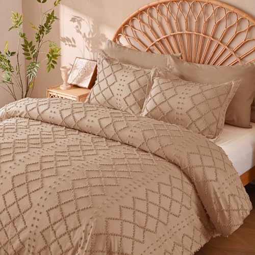 Manyshofu 5Pcs Boho Queen Duvet Cover Set - Tufted Taupe Duvet Cover Pattern, Shabby Chic Boho Bedding Set Textured Comforter Covers with Embroidery Pillow Shams Manyshofu