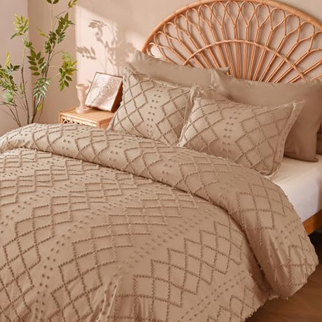 Manyshofu 5Pcs Boho Queen Duvet Cover Set - Tufted Taupe Duvet Cover Pattern, Shabby Chic Boho Bedding Set Textured Comforter Covers with Embroidery Pillow Shams Manyshofu