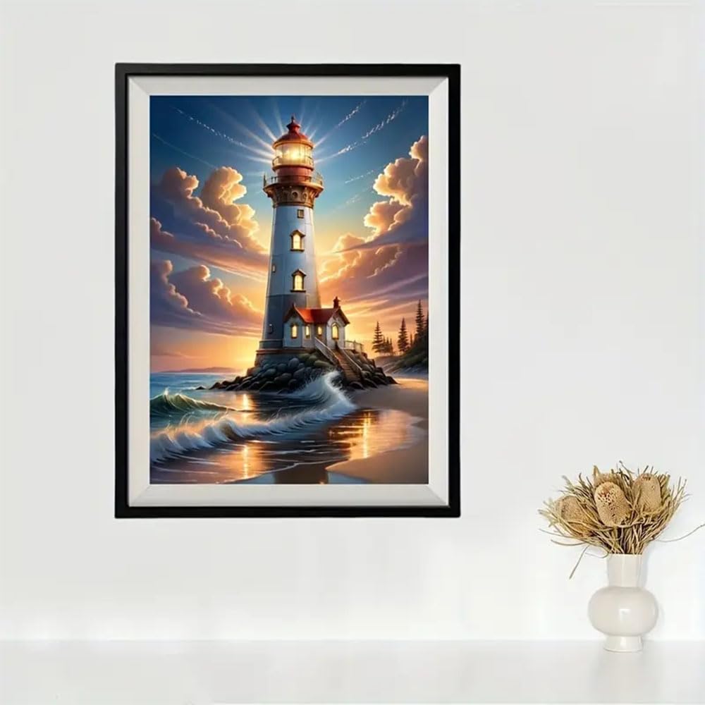 Diosedyer Lighthouse Sunset Diamond Painting Kit 5D DIY Diamond Painting Kit Full Round Ideal for Christmas & Halloween Decor, Perfect for Bedroom, Living Room Wall Art 11.8x15.7inch Diosedyer