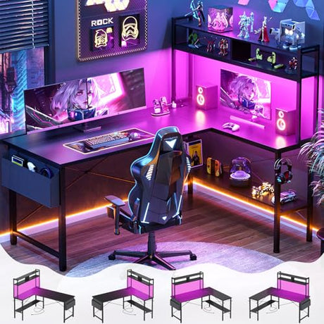 Aheaplus L Shaped Desk Gaming Desk, 59" L Shaped Computer Desk with LED Light & Power Outlet, Reversible Home Office Desk Gamer Desks with Shelves & Storage Bag & Hooks, Corner PC Desk, Black Aheaplus