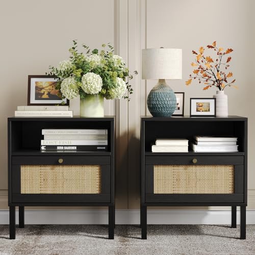 Natural Rattan Nightstands Set of 2, Accent End Table, Boho Bedside Table with 1 Hand Made Decorated Door for Living Room, Bedroom, Black Angel Sar