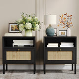 Natural Rattan Nightstands Set of 2, Accent End Table, Boho Bedside Table with 1 Hand Made Decorated Door for Living Room, Bedroom, Black Angel Sar